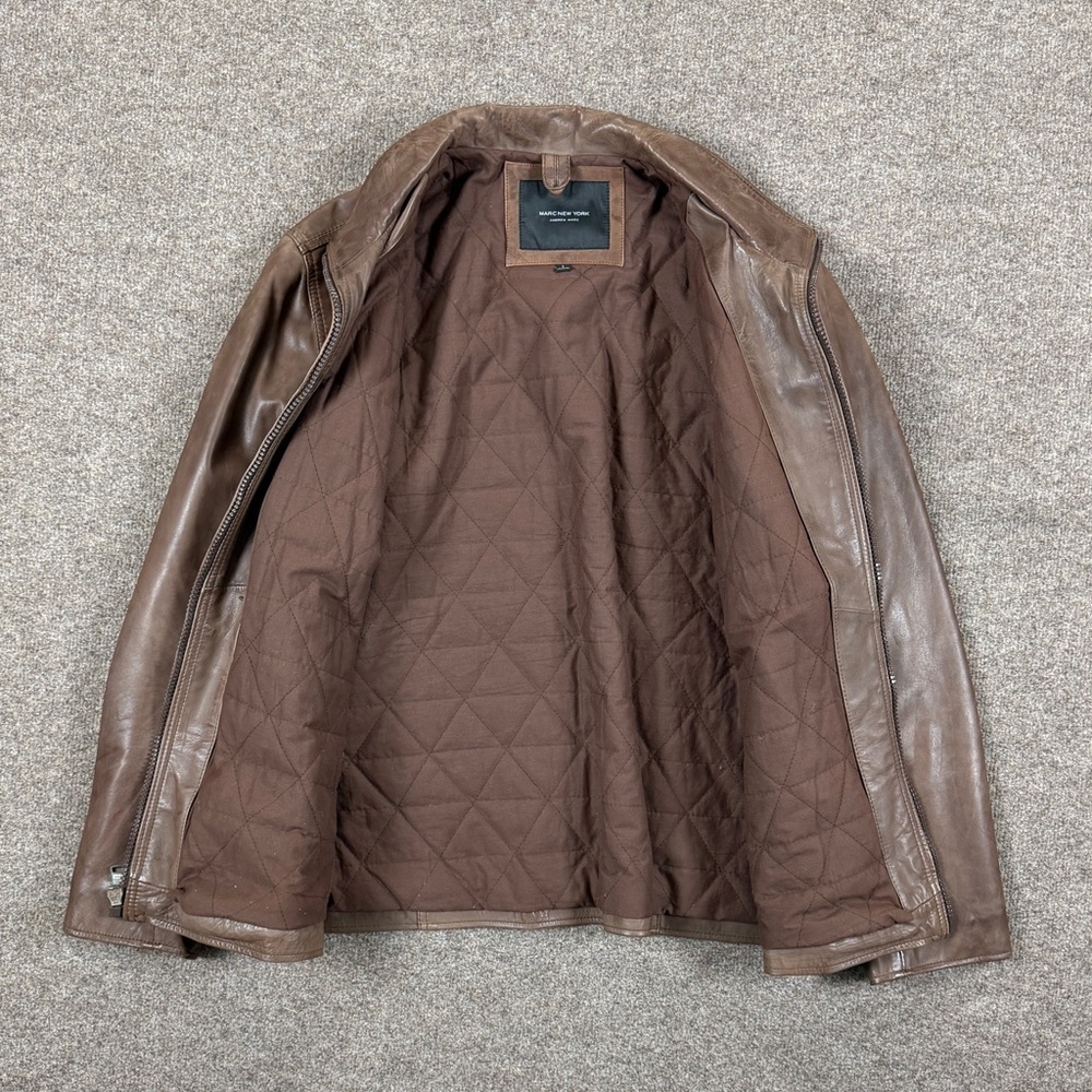VTG Marc New York Brown Genuine Leather Harrington Jacket Men’s L Full Zip Coat - Picture 6 of 16